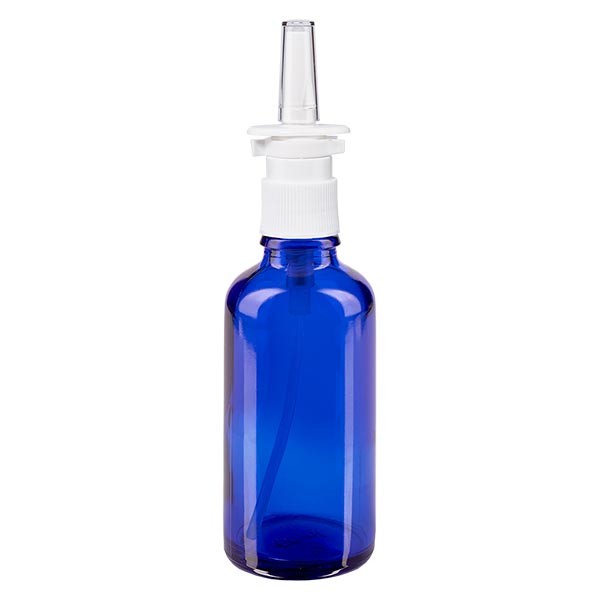 Frasco de vidrio azul de 50 ml con espray nasal blanco