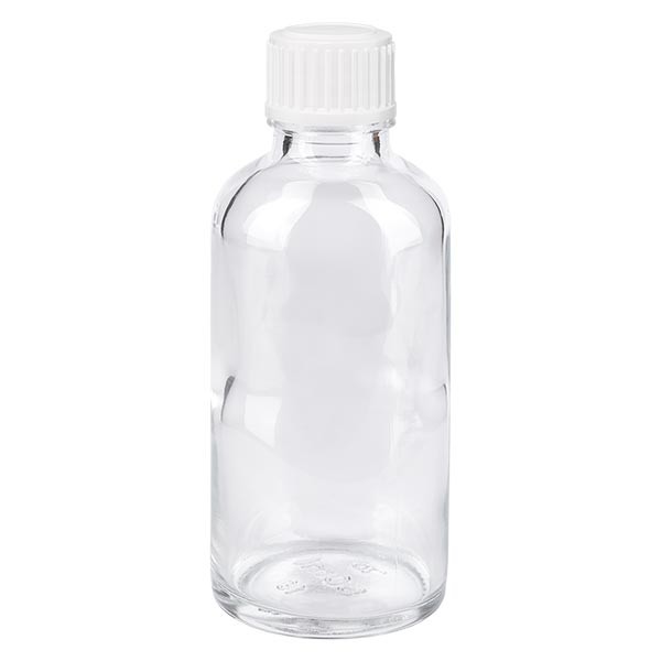 Frasco de farmacia transparente, 50 ml, tapón cuentagotas blanco, 0,8 mm, estándar