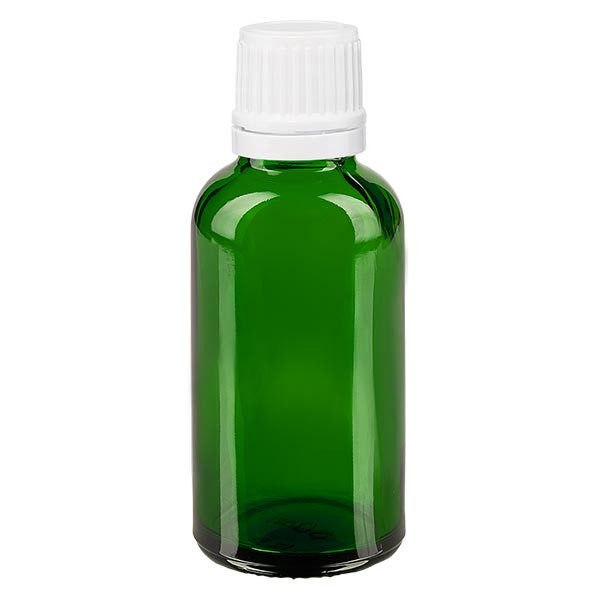 Frasco de farmacia verde, 30 ml, tapón de rosca blanco, con precinto de originalidad